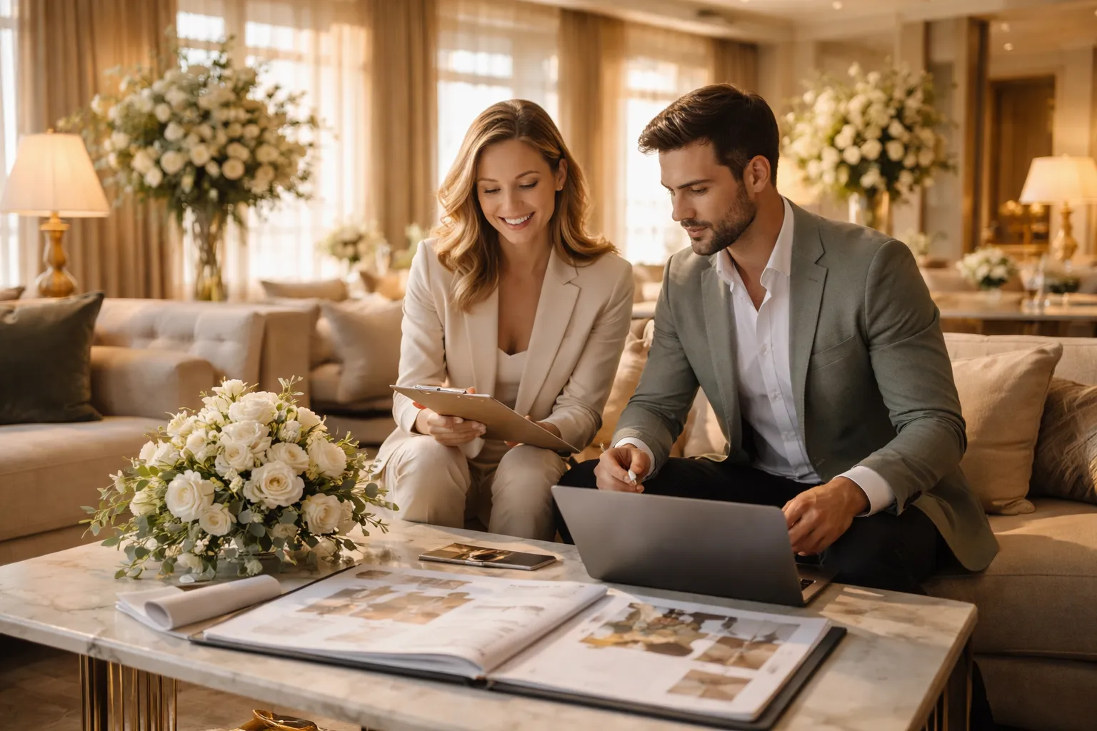 Wedding planner y equipo de venue revisando una boda privada.