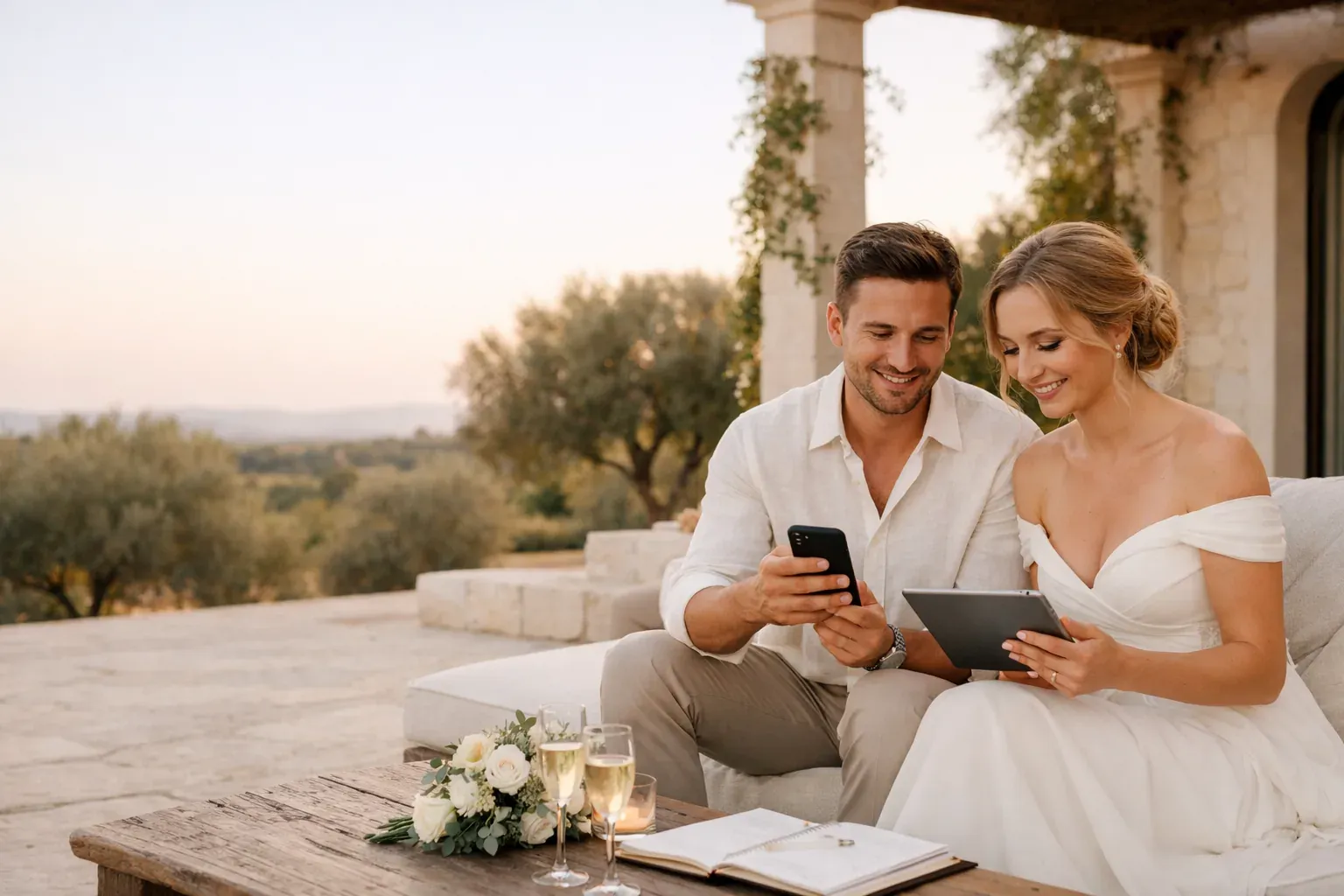 Pareja en una boda privada planificando su experiencia con calma.
