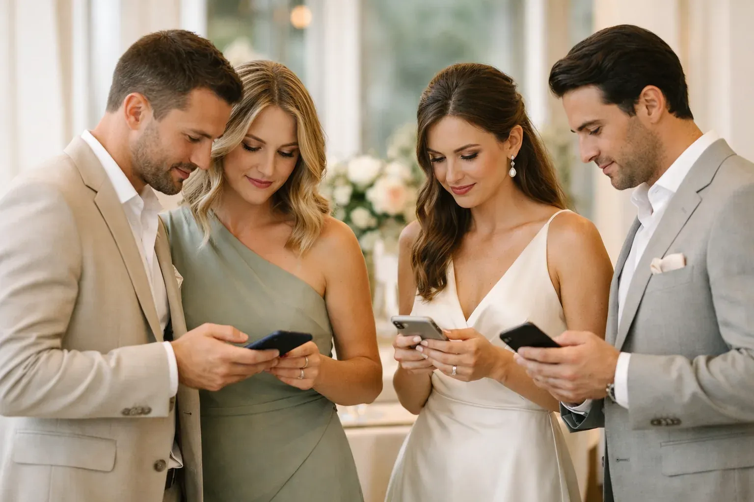 Invitados consultando agenda y detalles de una boda privada en sus teléfonos.