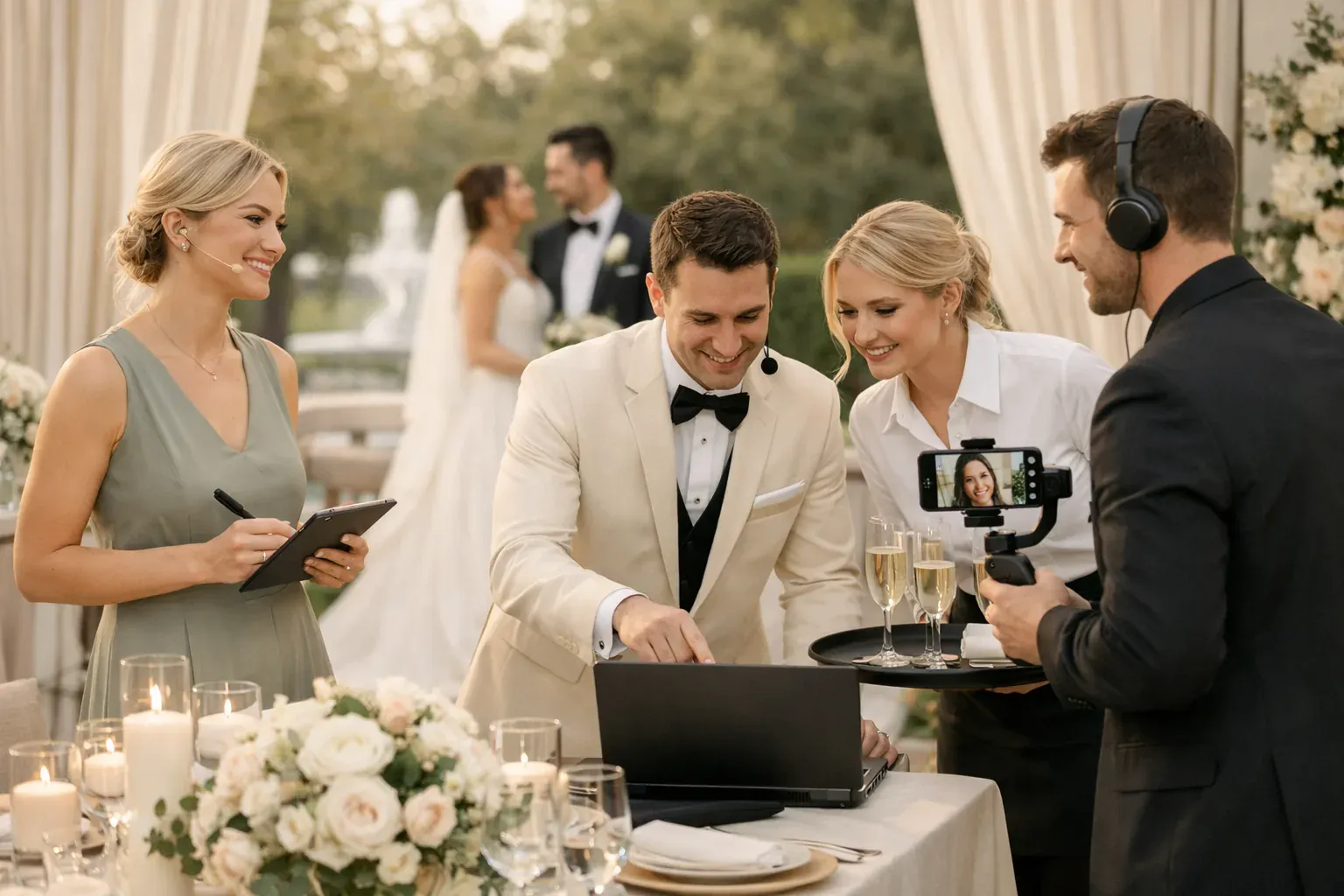 Equipo profesional mostrando a clientes una propuesta digital para su boda.