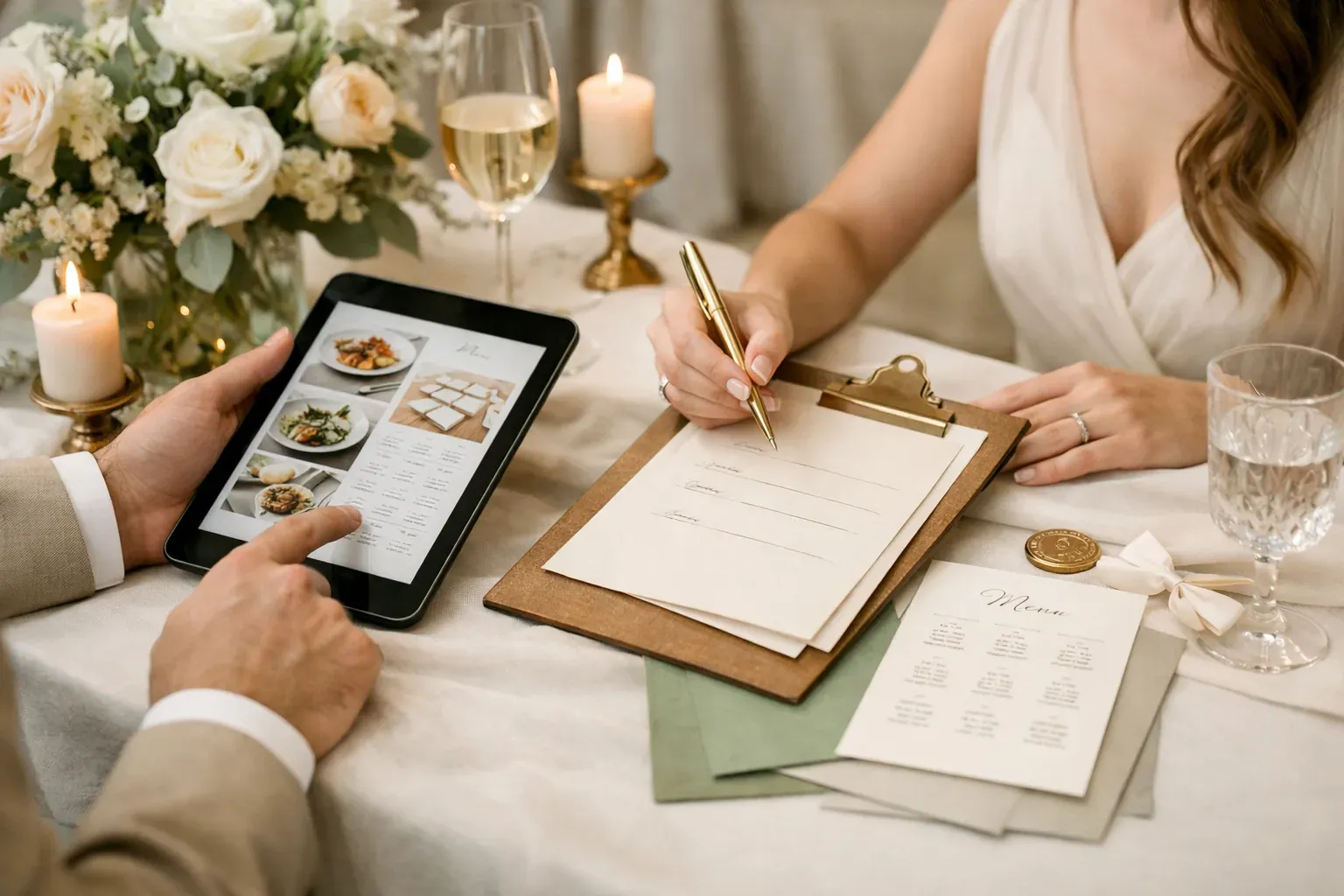 Definición de menús y distribución de mesas en una tablet durante la planificación.