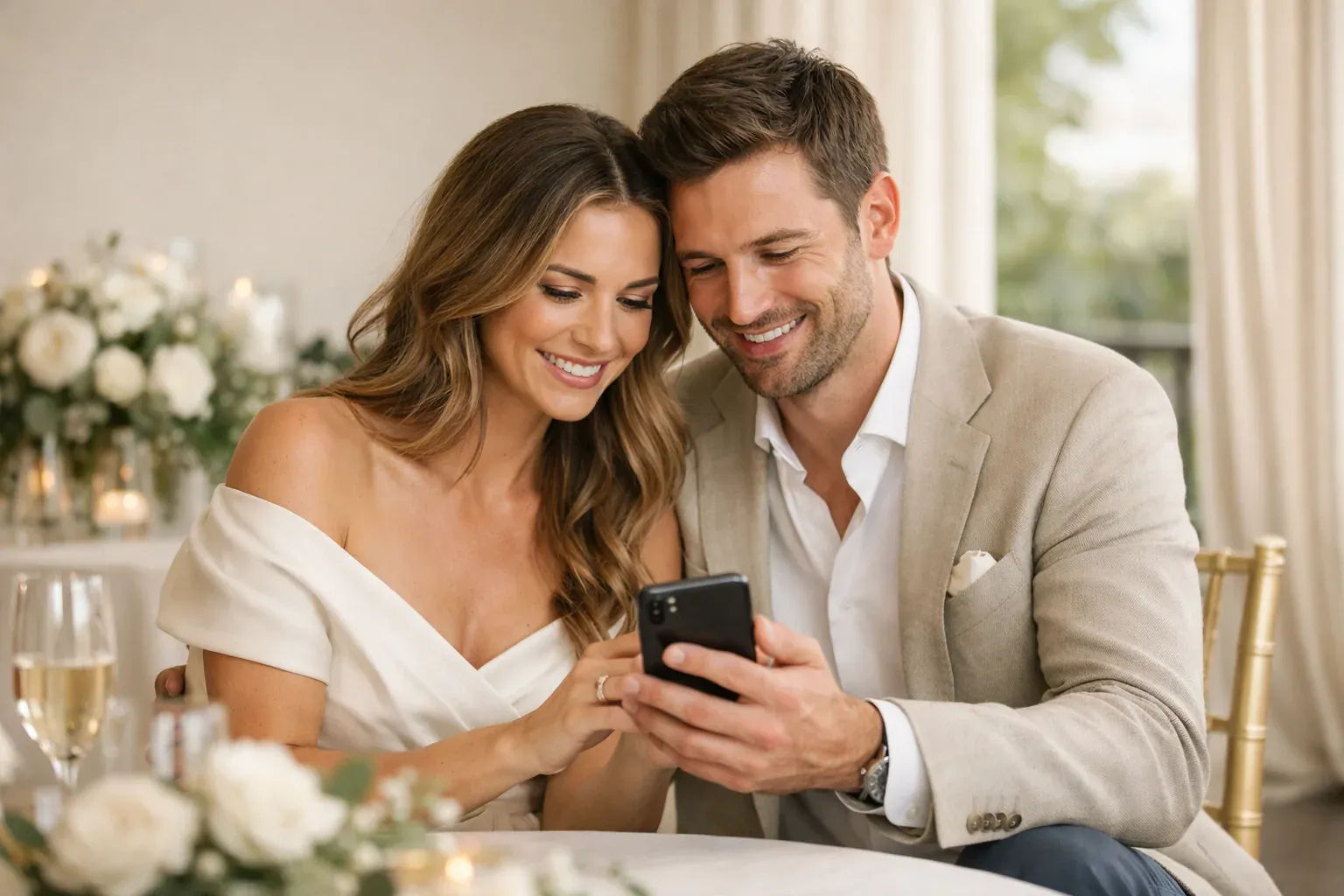 Pareja revisando confirmaciones de asistencia y acompañantes desde el móvil.