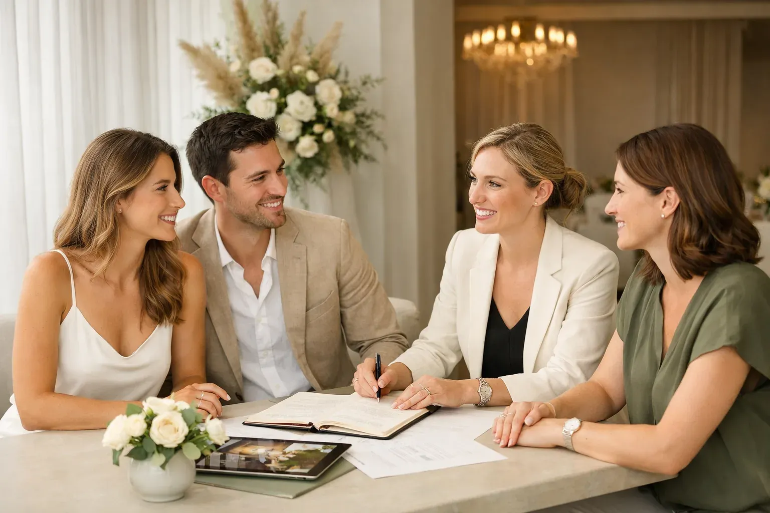 Wedding planner, responsable de venue y pareja revisando coordinación del evento.