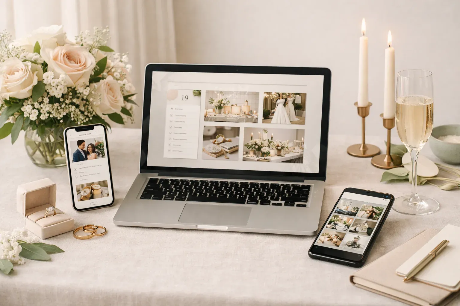 Ecosistema Wedup en móvil y portátil para coordinar bodas privadas.