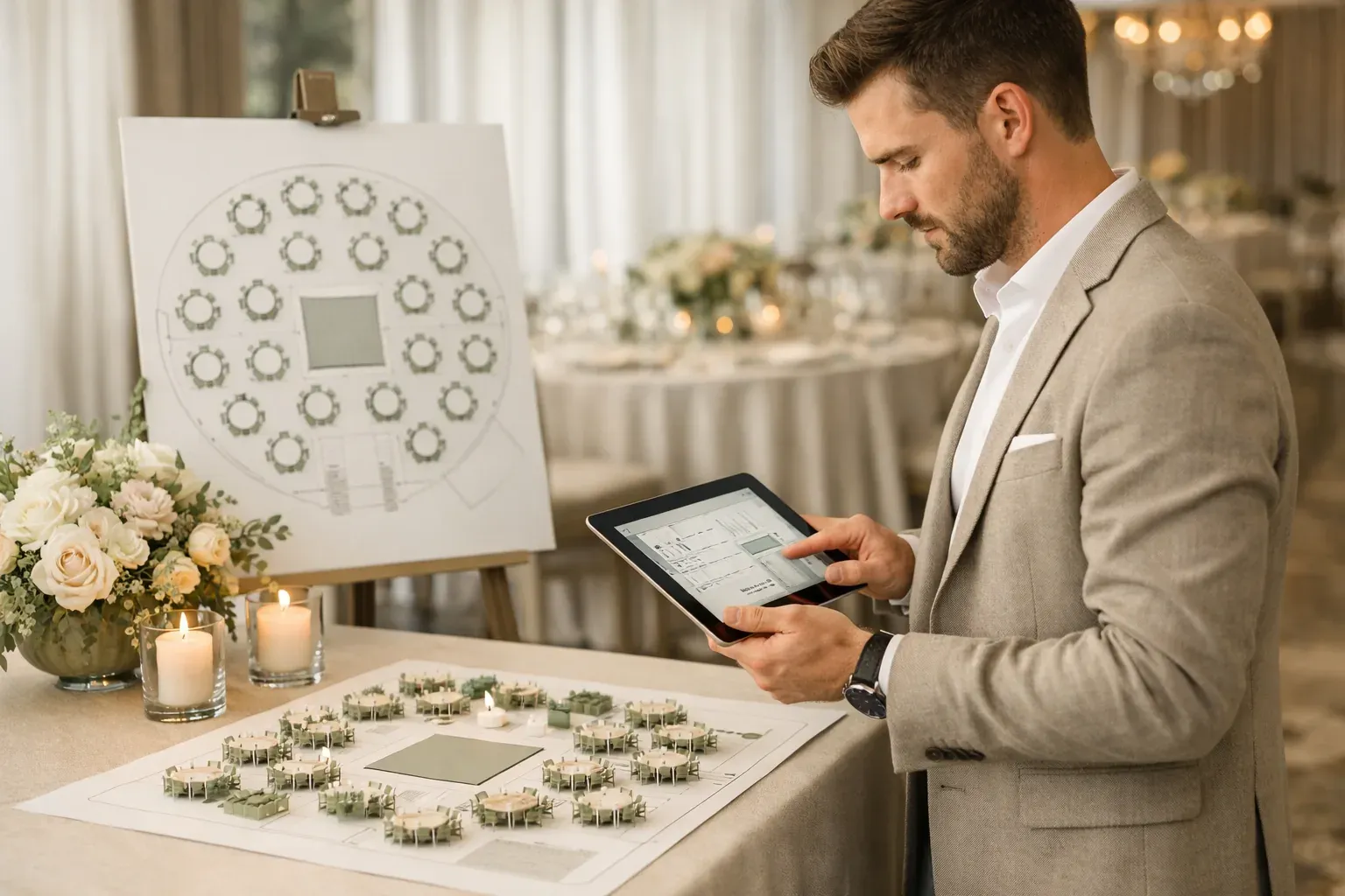 Organizador revisando seating plan y logística del evento desde una tablet.