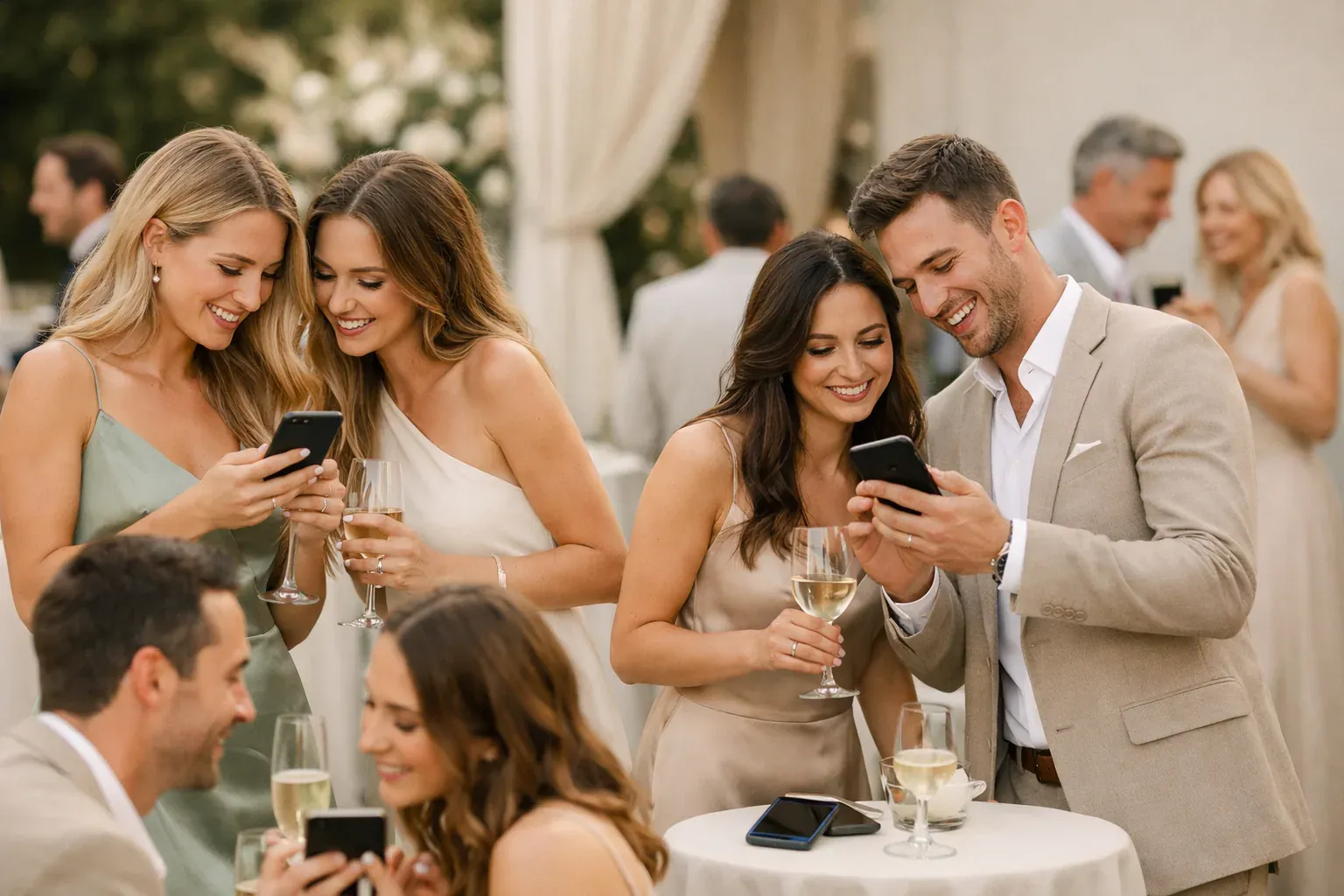 Invitados compartiendo mensajes y fotos durante la boda.